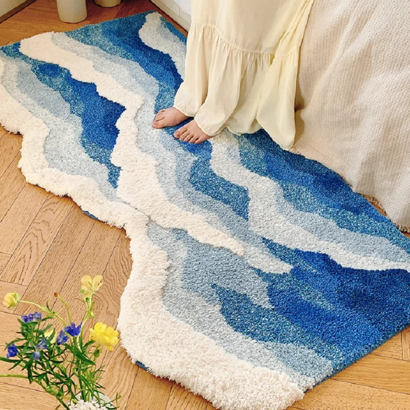 Alfombra Aesthetic Ola Azul Antideslizante – Tapete Tufted Suave