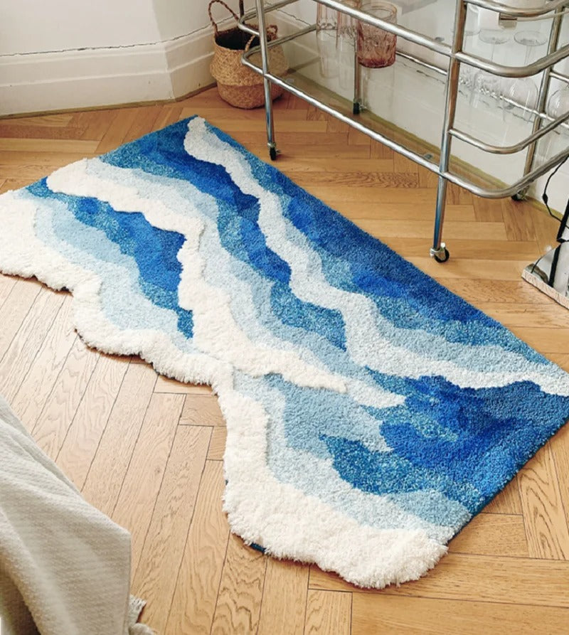 Alfombra Aesthetic Ola Azul Antideslizante – Tapete Tufted Suave
