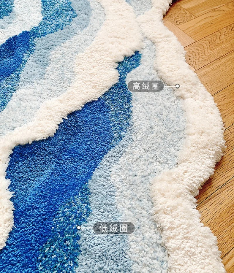 Alfombra Aesthetic Ola Azul Antideslizante – Tapete Tufted Suave