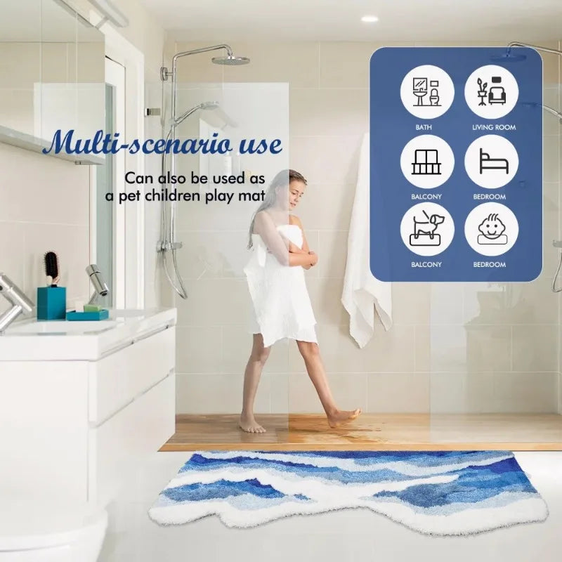 Alfombra Aesthetic Ola Azul Antideslizante – Tapete Tufted Suave