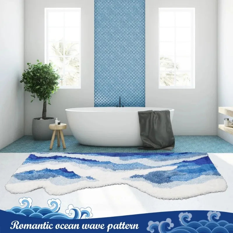 Alfombra Aesthetic Ola Azul Antideslizante – Tapete Tufted Suave
