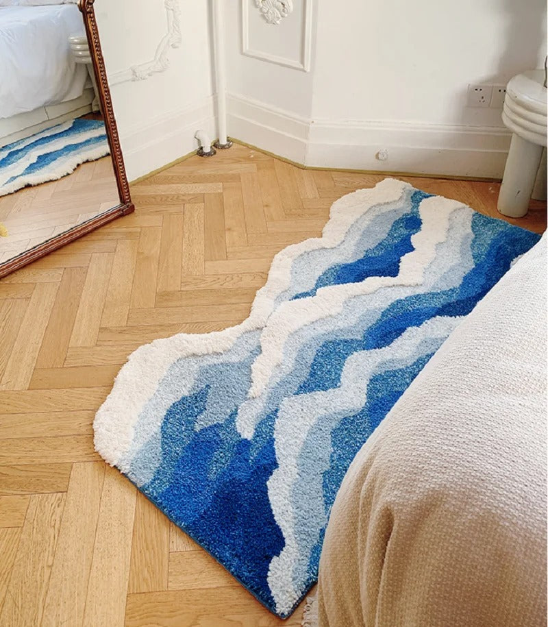 Alfombra Aesthetic Ola Azul Antideslizante – Tapete Tufted Suave