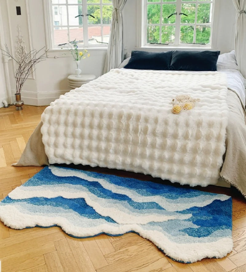 Alfombra Aesthetic Ola Azul Antideslizante – Tapete Tufted Suave